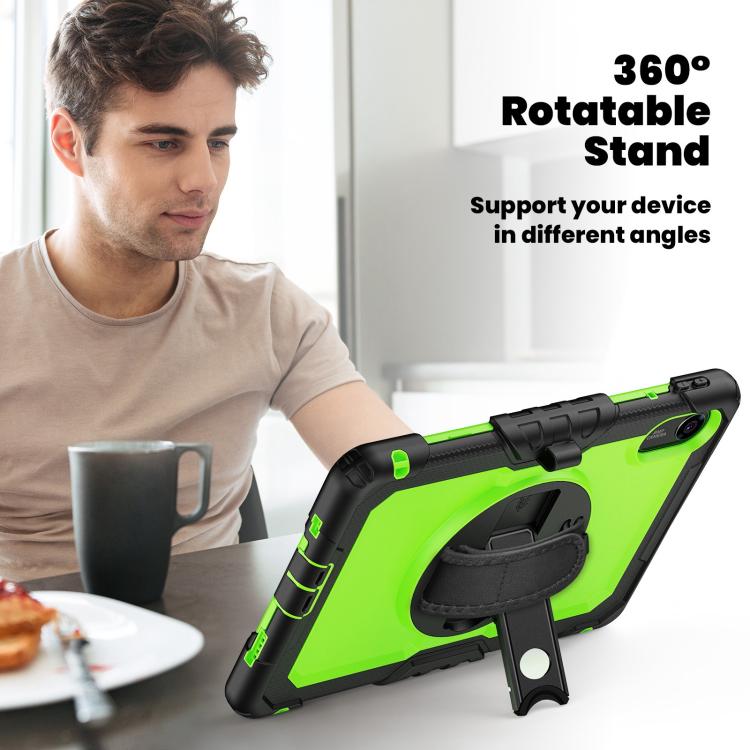 Funda híbrida de silicona para tableta Xiaomi Redmi Pad 2 con soporte giratorio y correa para el hombro (negro y amarillo/verde)