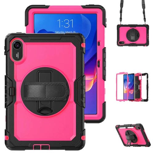 Funda híbrida de silicona para tableta Xiaomi Redmi Pad 2 con soporte giratorio y correa para el hombro (negro y rojo rosa)