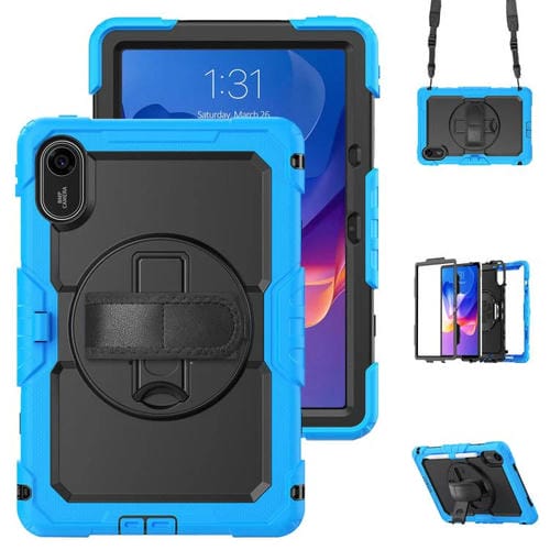 Funda híbrida de silicona para tableta Xiaomi Redmi Pad 2 con soporte giratorio y correa para el hombro (azul claro y negro)