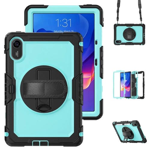 Funda híbrida de silicona para tableta Xiaomi Redmi Pad 2 con soporte giratorio y correa para el hombro (negro y azul claro)