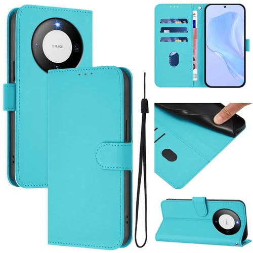 Funda de Piel Sintética con Cordón para Huawei Mate 60 con Tacto de Piel (Azul Lago)