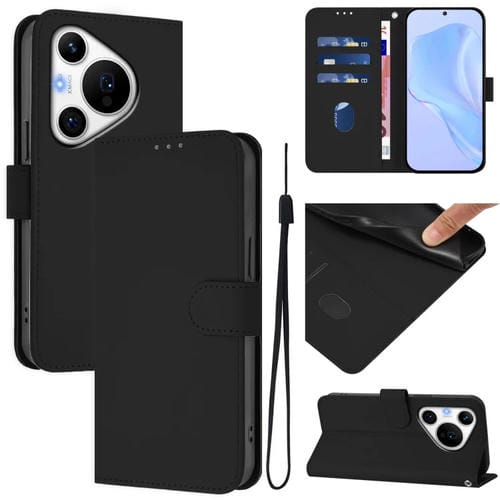 Funda de Cuero con Cordón para Huawei Pura 70 Pro / 70 Pro+ Textura de Piel (Negro)