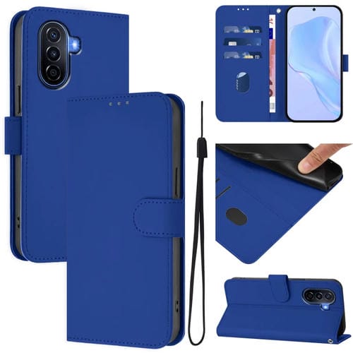 Funda de Piel Sintética con Cordón para Huawei Enjoy 50 4G y Nova Y70 Plus (Azul Oscuro)