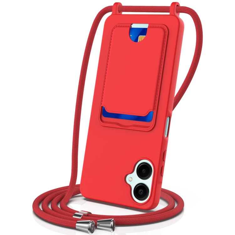 Funda de silicona líquida con cordón para Samsung Galaxy A06 5G, color sólido, con tarjetero integrado (rojo)