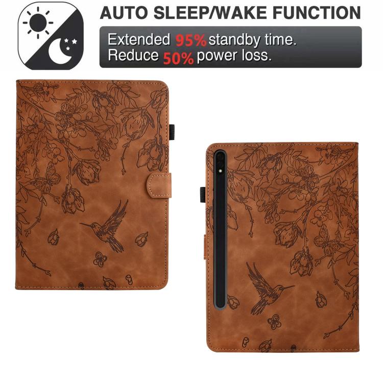 Funda de cuero inteligente con estampado de flores y pájaros para Samsung Galaxy Tab S10 FE+ (marrón)