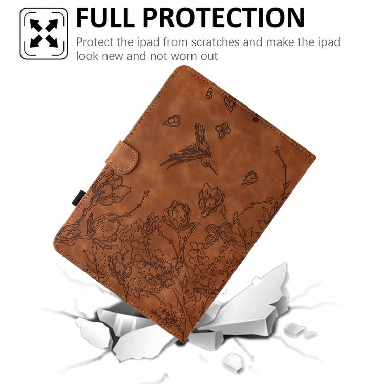 Funda de cuero inteligente con estampado de flores y pájaros para Samsung Galaxy Tab S10 FE+ (marrón)