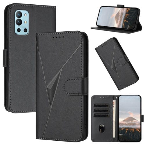 Funda de Cuero para OnePlus 9R con Cierre de Hebilla y Diseño Triangular (Negra)