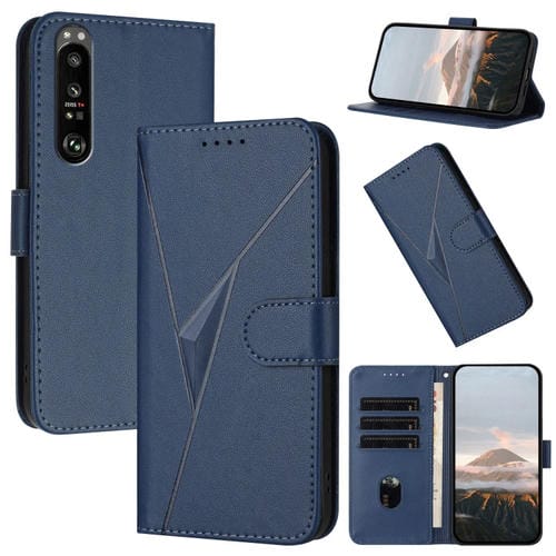 Estuche de Cuero para Sony Xperia 1 III con Hebilla y Diseño Triángulos (Azul Real)