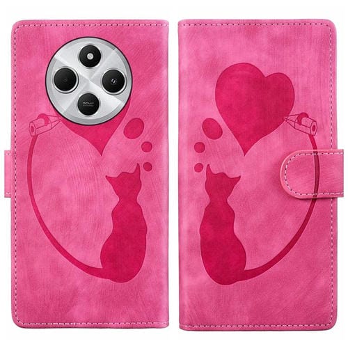 Funda de Cuero con Relieve de Gato y Corazón para Redmi A4 5G (Rosa)