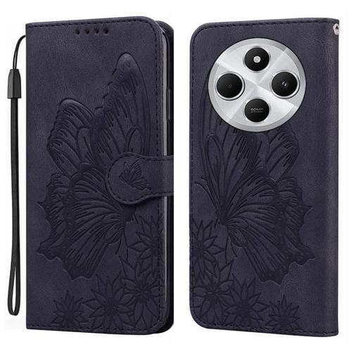 Funda de Cuero con Tapa Horizontal con Relieve de Mariposas y Tacto Retro para Xiaomi Poco C75 (Negro)