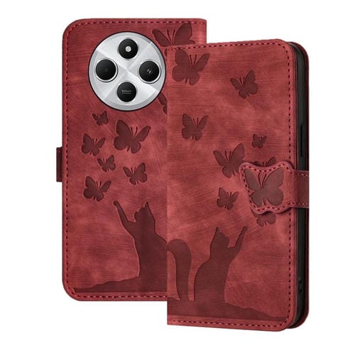 Funda de Cuero con Tapa y Diseño de Mariposa y Gato para Redmi A4 5G (Rojo)