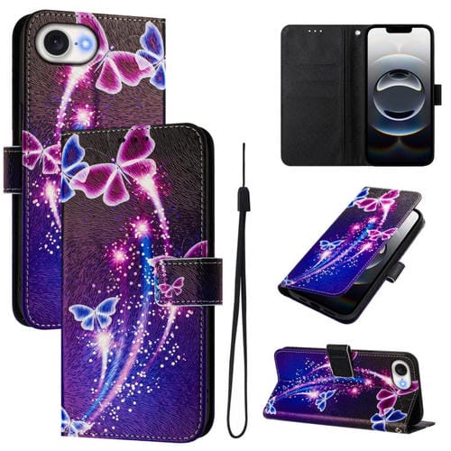 Funda de Cuero para iPhone 16E con Diseño de Dibujo Artístico Mariposa de Fuegos Artificiales (Color)