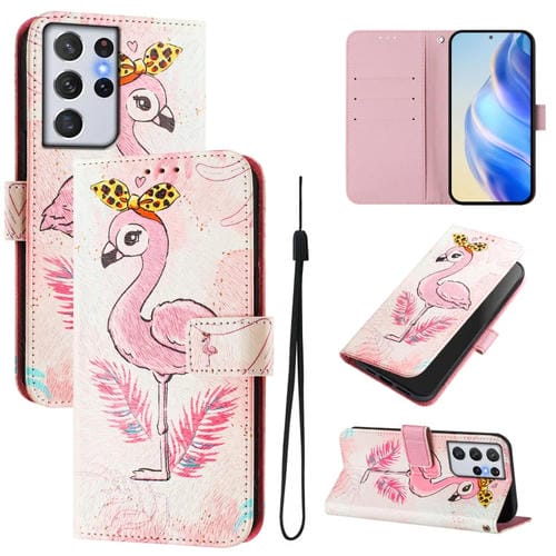 Funda de Cuero para Teléfono Samsung Galaxy S21 Ultra 5G Patrón Dibujo Artístico (Flamenco)