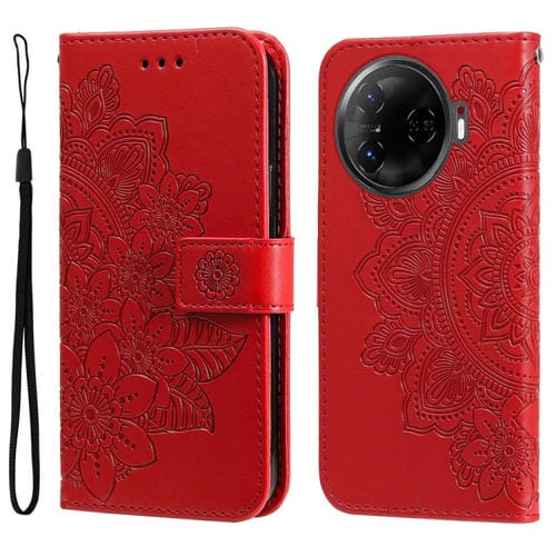 Funda de Cuero para Tecno Camon 30 Pro con Estampado de Flores de Siete Pétalos (Rojo)