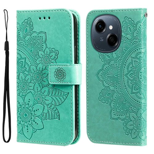 Funda de Cuero con Relieve de Flores de Siete Pétalos para Tecno Spark Go 1 / Pop 9 / Spark Go 2025 (Verde)