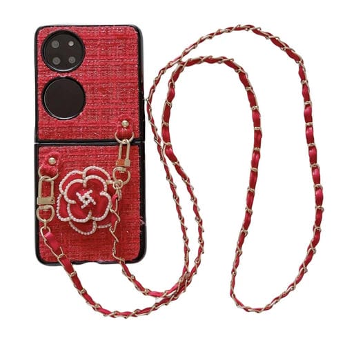 Funda para Teléfono Huawei P50 Pocket Camellia Plaid Fabric PC con Cordón Largo (Rojo)