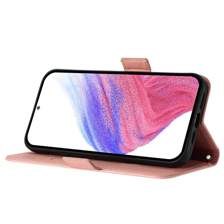 Funda de cuero antirrobo RFID con relieve rosa para Samsung Galaxy A17 4G (rosa)