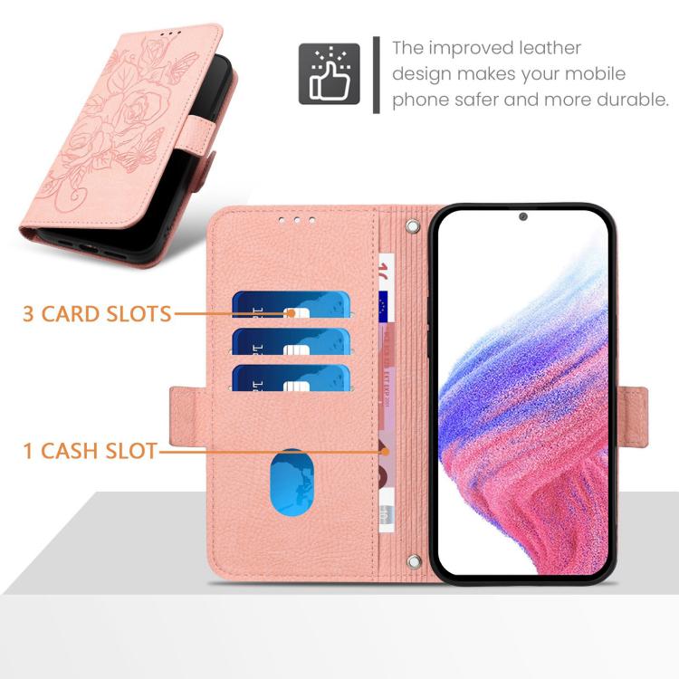 Funda de cuero antirrobo RFID con relieve rosa para Samsung Galaxy A17 4G (rosa)