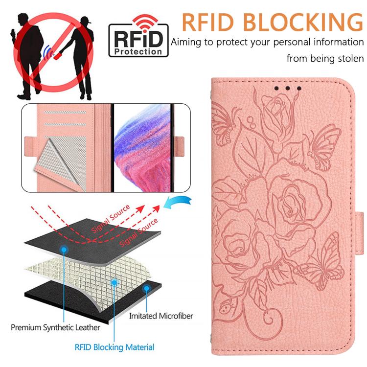 Funda de cuero antirrobo RFID con relieve rosa para Samsung Galaxy A17 4G (rosa)