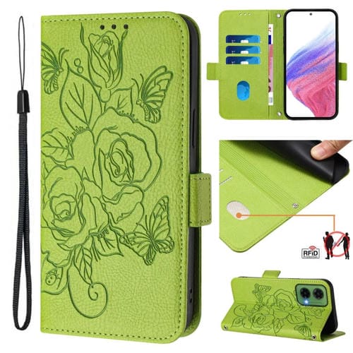 Funda de Cuero Antirrobo RFID con Relieve para Motorola Moto G35 (Verde)