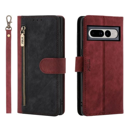 Funda de Cuero Rfid con Cremallera para Google Pixel 7 Pro Pola (Rojo y Negro)