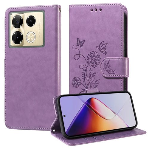 Funda de Cuero para Infinix Note 40 Pro 4G/5G y Note 40 Pro+ con Mariposas y Flores en Relieve (Morado)