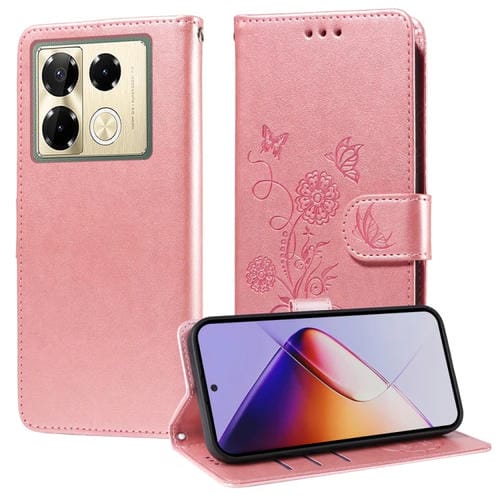 Funda de Cuero para Infinix Note 40 Pro 4G/5G y Note 40 Pro+ con Mariposas y Flores en Relieve (Oro Rosa)