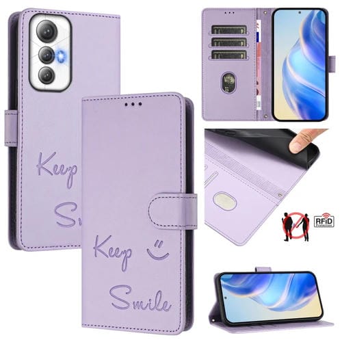 Funda de Cuero Rfid con Relieve Sonriente para Cubot Max 5 (Morado Claro)