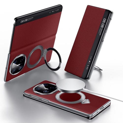 Funda de Cuero con Soporte Magnético Magsafe y Ventana Smart View para Huawei Mate X6 (Rojo)