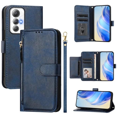 Funda de Cuero para Cubot Max 5 con Cremallera y Ranuras para Tarjetas (Azul)