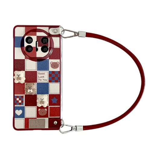 Funda para Teléfono Huawei Mate X5 con Diseño Osito Enrejado y Correa para Muñeca (Rojo)