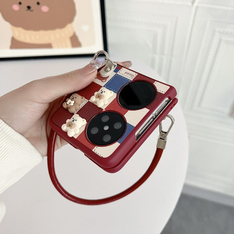 Funda para Teléfono Huawei Pocket 2 con Diseño Osito Enrejado y Correa para Muñeca (Rojo)