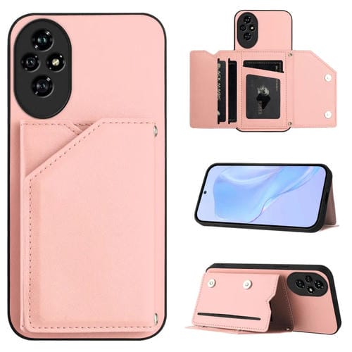 Funda para Honor 200 Skin Feel con 4 Ranuras para Tarjetas y Correa para Muñeca (Rosa)