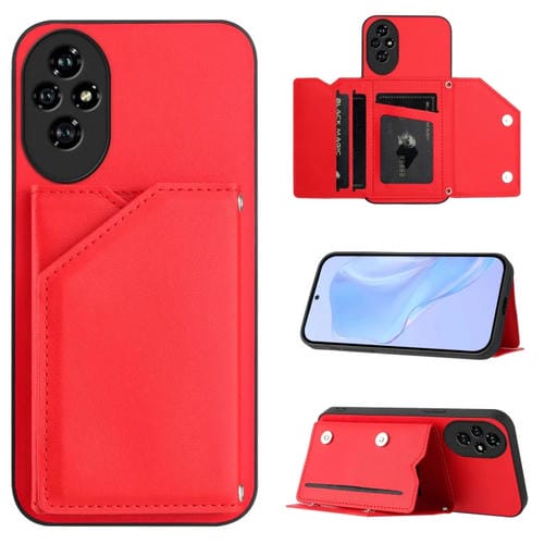 Funda para Teléfono Honor 200 con 4 Ranuras para Tarjetas y Correa para Muñeca (Rojo)