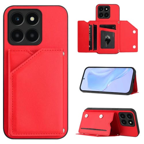 Funda para Teléfono Honor X6A con 4 Ranuras para Tarjetas y Correa de Muñeca (Rojo)
