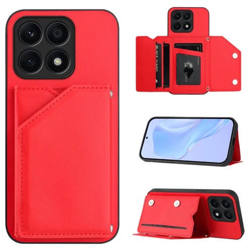 Funda para Honor X8A Skin Feel con 4 Ranuras para Tarjetas y Correa para Muñeca (Rojo)