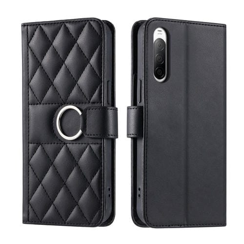 Funda de Cuero con Hebilla de Anillo y Diseño Rombal para Sony Xperia 10 III (Negra)
