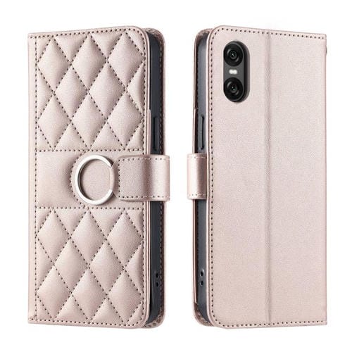 Funda de Cuero con Hebilla de Anillo Rombo Sony Xperia 5 (Oro Rosa)