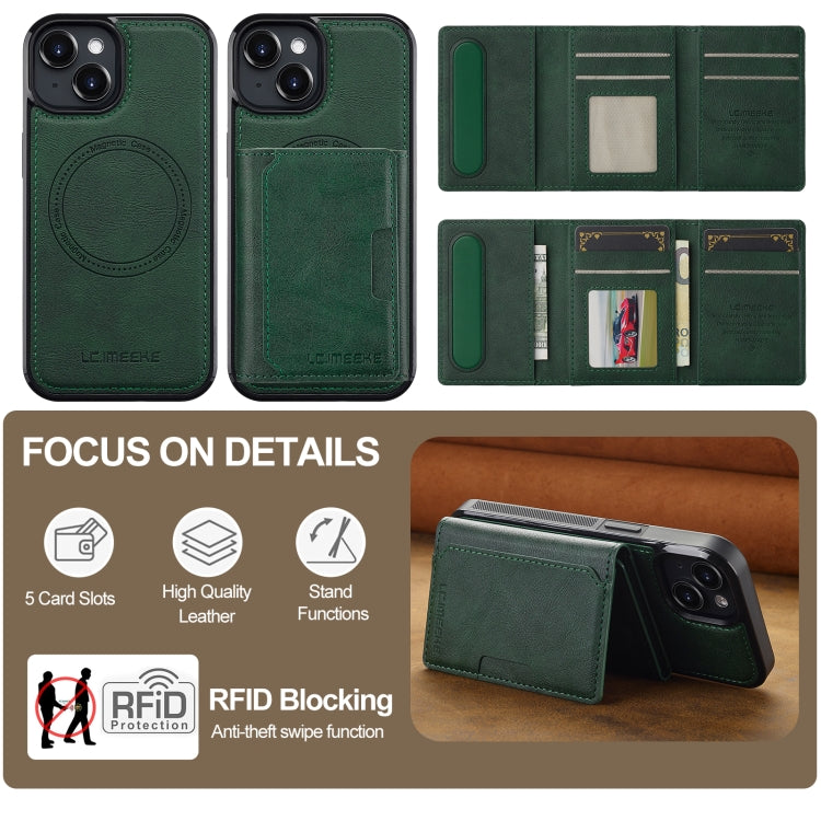 Funda teléfono Lc.Imeeke Serie L5 con funda tarjeta RFID desmontable Magsafe para iPhone 14/13 (Verde)