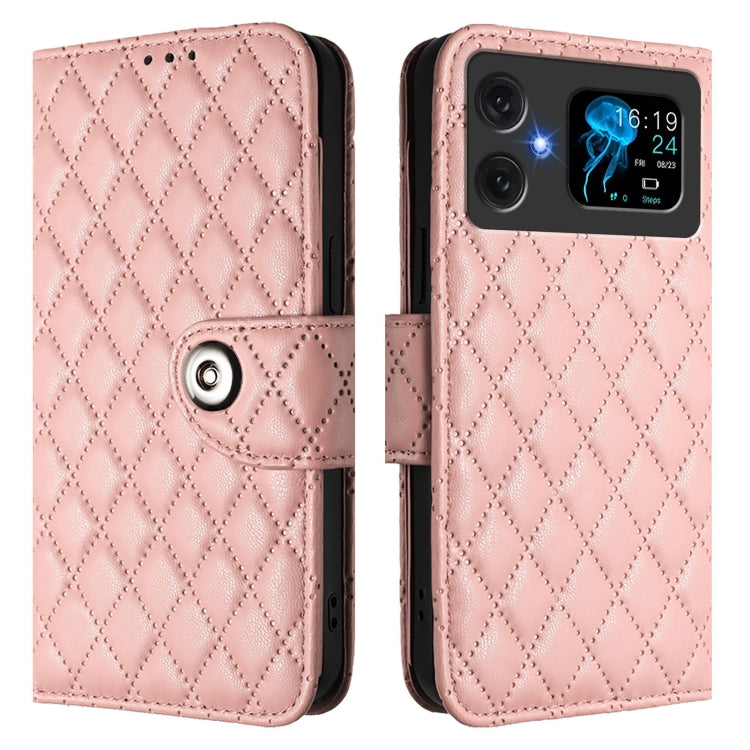 Funda de Cuero con Tapa para Cubot A20 con Textura Rombal y Cordón (Rosa Coral)
