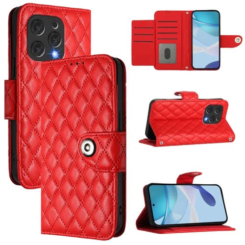 Funda de Cuero con Tapa y Textura Rombal para Doogee N55 Plus con Cordón (Rojo)