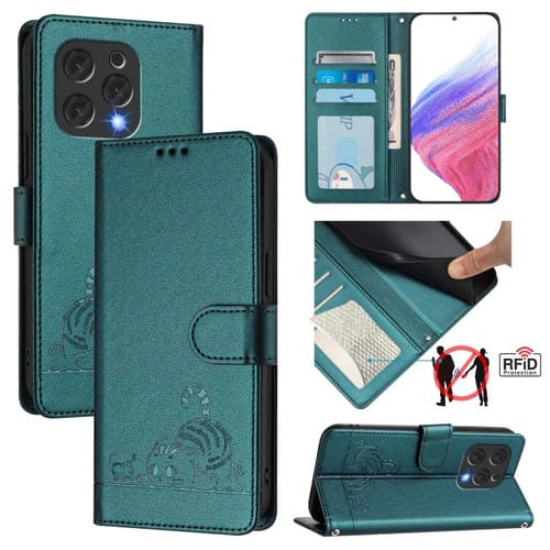 Funda de Cuero Rfid para Doogee N55 Plus con Cordón Estampado Rata y Gato (Verde Pavo Real)