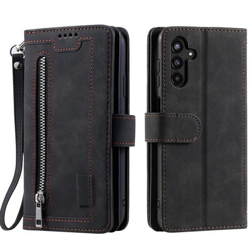 Funda de cuero con cremallera y cordón para Samsung Galaxy A17 5G (negro)