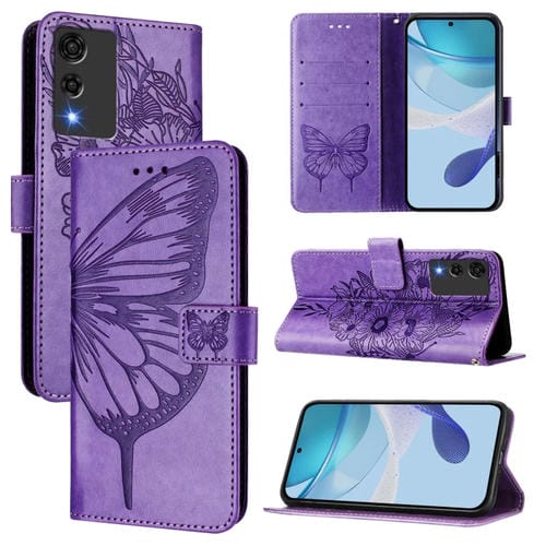 Funda de Cuero para Cubot A10 con Diseño de Mariposa en Relieve (Morado Claro)