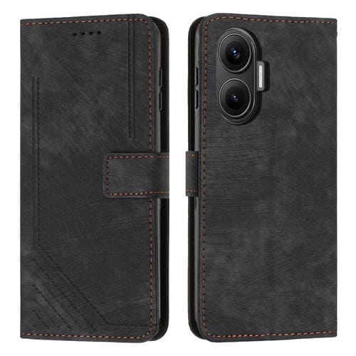 Funda de piel con estampado de rayas y cordón para Xiaomi Poco F7 (negro)