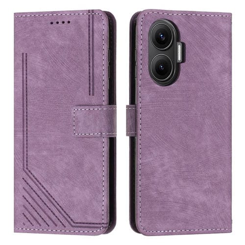 Funda de cuero con estampado de rayas y cordón para Xiaomi Poco F7 (morado)