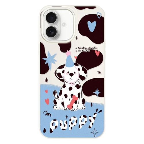 Funda híbrida TPU y Policarbonato iPhone 16 Plus Cachorro con Manchas Blancas