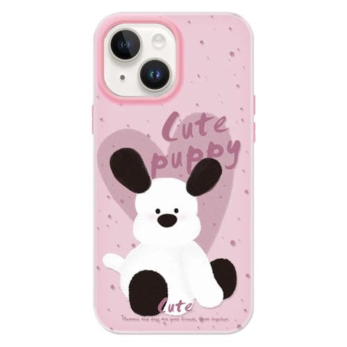 Funda híbrida TPU y PC iPhone 13 Tacto Sedoso (Rosa con Forma de Cachorro)