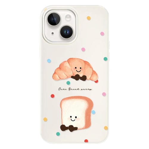 Funda híbrida TPU y Policarbonato iPhone 15 con Tacto Sedoso (Pan con Lunares y Blanco)
