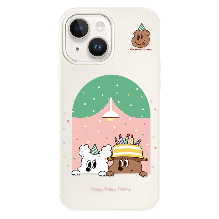 Funda híbrida TPU y PC iPhone 14 Tacto Sedoso y Gelatinoso (Beige Cachorro de Cumpleaños)